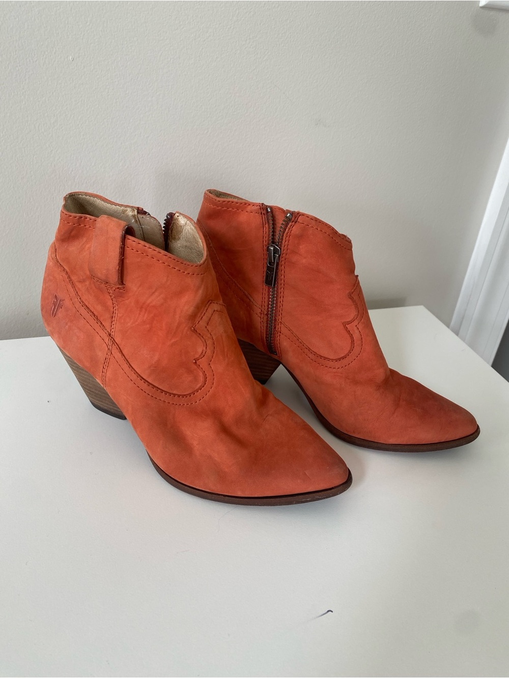 Frye Reina Cognac Orange Suede Western Ankle Booties